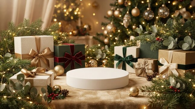 White minimalist circular podium for product presentation surrounded by festive Christmas gift boxes, golden ornaments, and warm bokeh lights from a decorated tree in a cozy room interior.