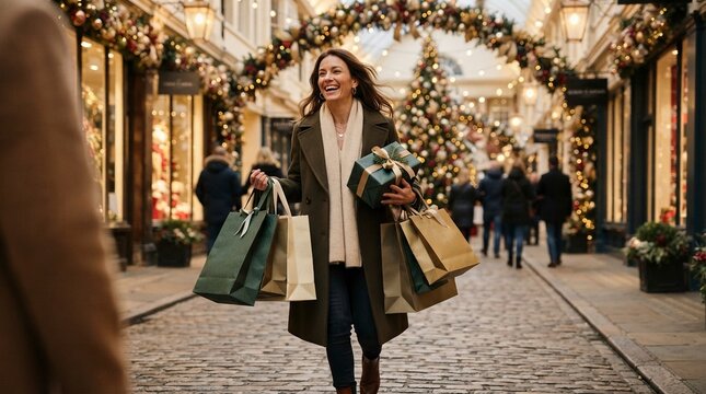 Joyful young woman walking through a festive decorated European shopping street during Christmas holidays, carrying several paper shopping bags and a wrapped gift box on cobblestone pavement.