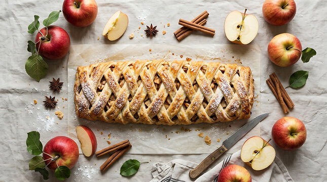 Braided apple strudel pastry on parchment paper surrounded by fresh whole and sliced apples with cinnamon and star anise