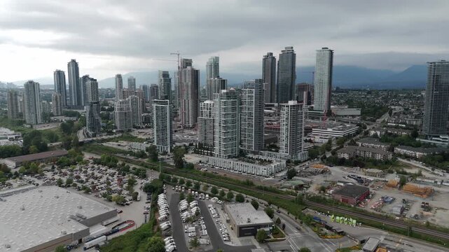 High-rise Residential Towers At The Brentwood Neighbourhood Skyline In Burnaby, British Columbia, Canada. Aerial Shot