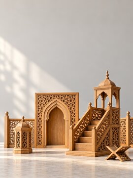Wooden minbar and mihrab with lattice panels against a pale gray wall