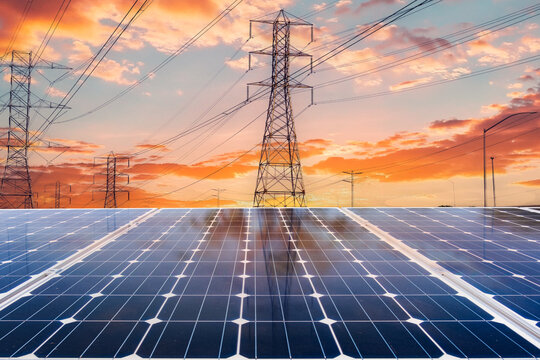 solar power plant ,Solar panels and electric tower, green energy