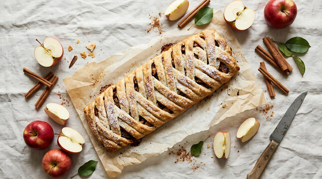 Freshly baked apple strudel with lattice pastry crust on parchment paper with apples and cinnamon sticks