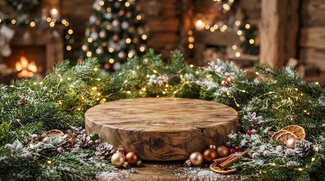 Rustic Wooden Podium for Product Display Surrounded by Festive Christmas Holiday Decorations, Fir Branches, Fairy Lights, and Pinecones on a Warm Blurred Cozy Interior Background