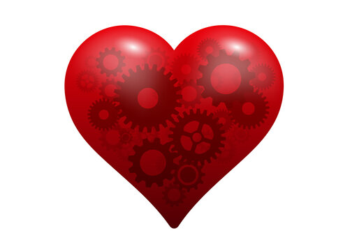 Red heart with internal gears mechanism illustrating love and logic
