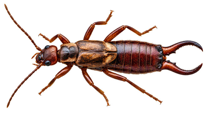 Ultra realistic extreme macro portrait of a complete earwig showing compound eyes, antennae, mandibles, segmented abdomen, curved pincers, legs and wings. Generated AI.