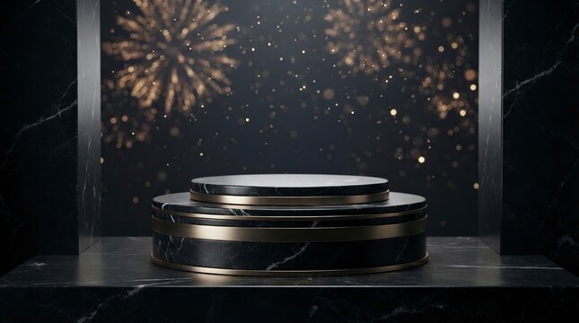Elegant Black Marble Podium with Gold Accents for Luxury Product Display, Featuring Golden Fireworks and Bokeh Background for Celebratory Event, New Year, or Premium Branding Showcase Backdrop.