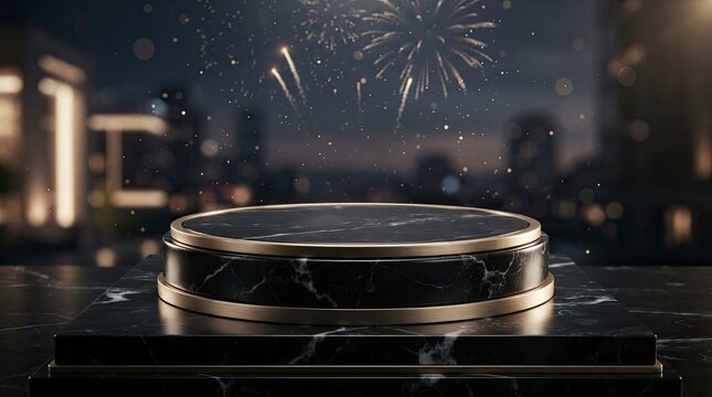 Luxury Black Marble Circular Podium with Gold Accents Against a Dark City Night Background with Golden Fireworks, Premium Product Display Pedestal for Watches and Jewelry, Elegant Stage Mockup