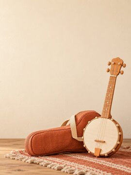 Wooden banjo and linen instrument bag beside a warm cream wall