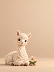 Fototapeta premium Cream Alpaca Figurine Resting Beside a Daisy Against a Warm Beige Backdrop