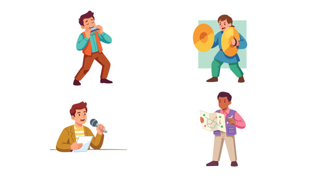 Flat Illustration Set of Four People Performing Different Activities