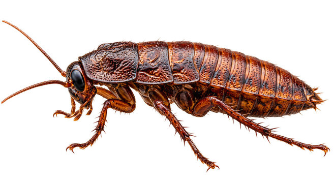 Ultra realistic extreme macro portrait of a complete Madagascar hissing cockroach showing eyes, long antennae, mouthparts, segmented abdomen, spiny legs and glossy exoskeleton. Generated AI.