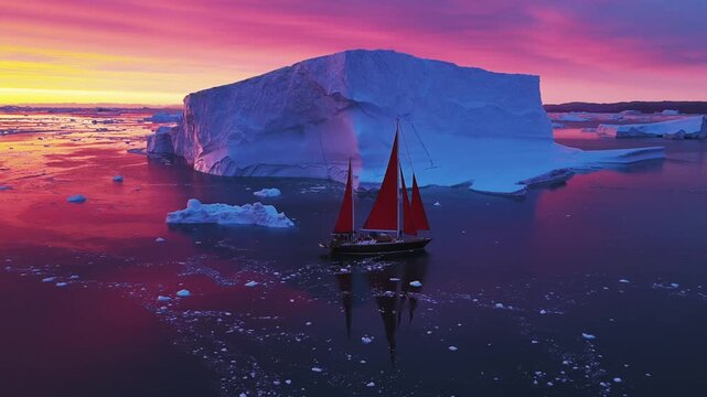 Aerial view of a sailboat with red sails navigating near a massive iceberg in the Ilulissat Icefjord at sunset in Ilulissat, Avannaata Municipalit, Greenland.