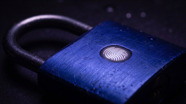 Blue metal padlock with a biometric fingerprint scanner sensor for secure access control and digital security technology