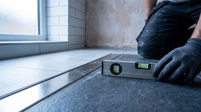 Professional tiler using a spirit level to check the slope of a modern walkin shower floor drain installation