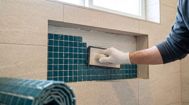 Professional tiler installing blue mosaic tiles into a shower wall niche using a grout float and thinset mortar