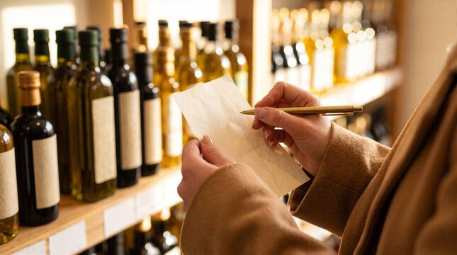 Closeup of a person taking inventory of olive oil bottles in a store