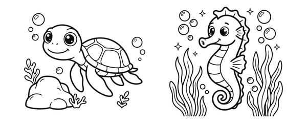 Cute sea turtle and cheerful seahorse underwater coloring pages set © Anwara