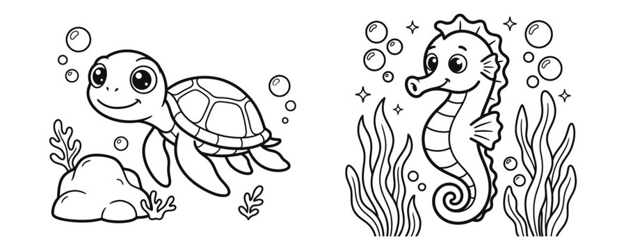 Cute sea turtle and cheerful seahorse underwater coloring pages set