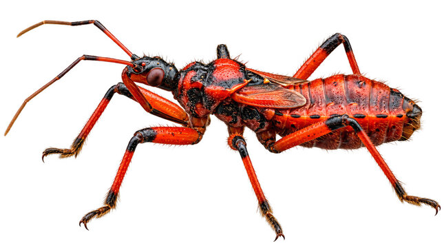 Ultra realistic extreme macro portrait of a complete assassin bug nymph showing compound eyes, antennae, piercing rostrum, red-black body, six legs and fine hairs. Generated AI.