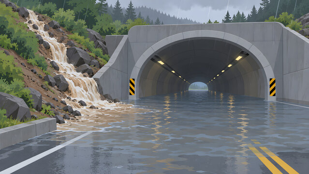 Flooded road inside a concrete highway tunnel after heavy rain and mudslide