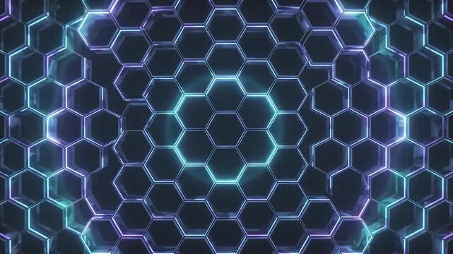 Abstract moving blue purple hexagons pattern digital futuristic motion graphics background video.
