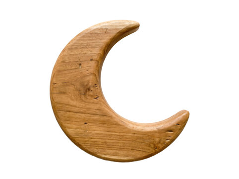 Wooden crescent moon shape isolated on transparent background offers natural wood texture for decorative elements or children's room decor.