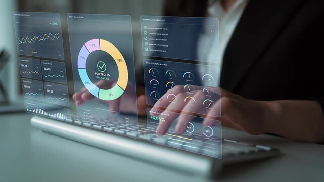 A person types on a keyboard. Portfolio monitoring compares investment performance and benchmark results, bringing volatility, drawdown and asset exposure into the assessment of risk.