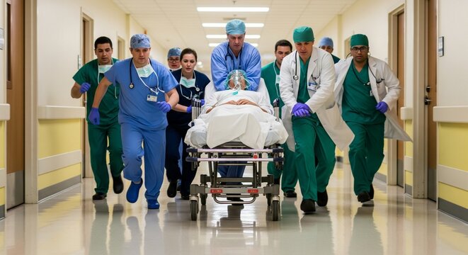 Medical team rushing patient on stretcher down hospital corridor