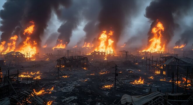 Apocalyptic burning destroyed town with flames and thick black smoke