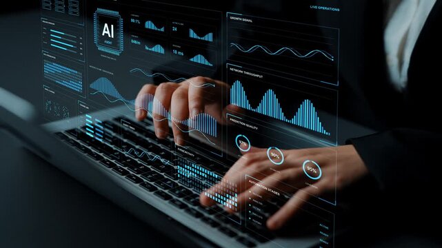 Hands type on a laptop. Data science and AI operations meet in a monitoring workflow that compares prediction quality, resource demand and the behavior of incoming data.