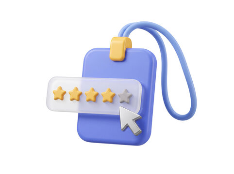 3D blue lanyard badge with four gold stars and one gray star rating bar and silver mouse cursor isolated on white background
