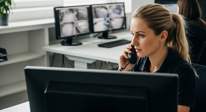 Woman security operator on phone in surveillance monitoring office