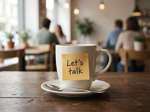 White coffee mug with sticky note saying lets talk in cafe