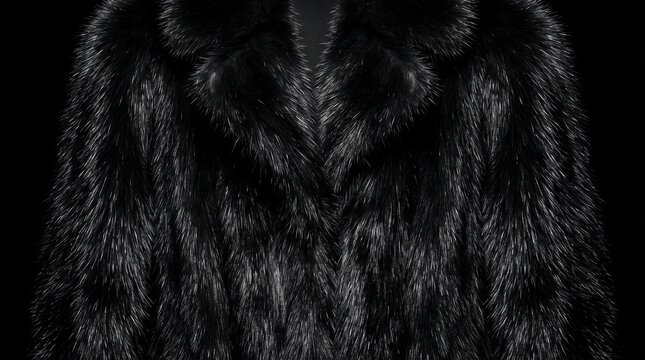High quality glossy black mink fur coat texture with symmetrical collar design for luxury winter fashion and apparel.