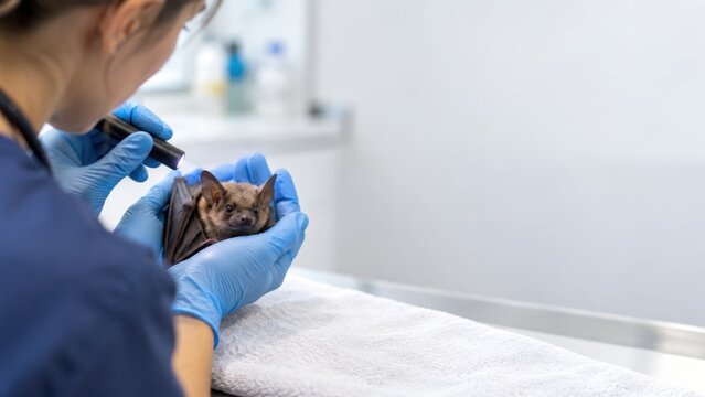Veterinarian wearing gloves examining small brown bat while holding it gently in clinic room