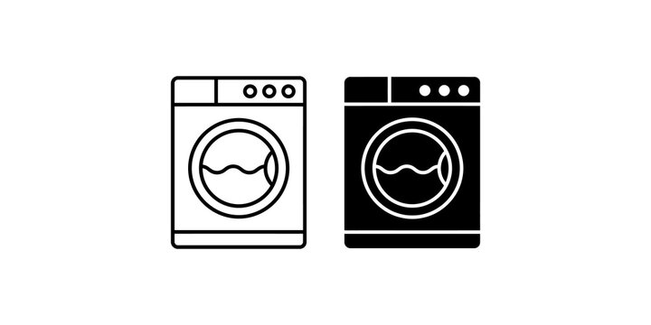 Washing machine icons in linear and solid silhouettes isolated on transparent background for home appliance branding.