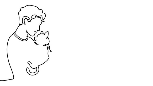 Cat line continuous drawing art people woman pet person relax. Continuous man couch cat line sketch sleep care happy outline hand bed owner illustration hug holding doodle rest love online dream.