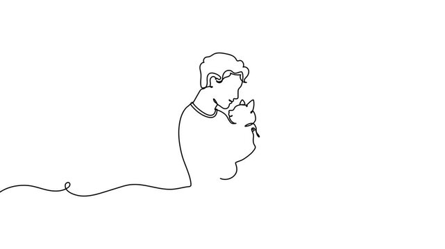 Cat line continuous drawing art people woman pet person relax. Continuous line cat couch man sit cute animal doodle hug vector hand care happy love dog bed veterinary medical sofa sleep dream online.