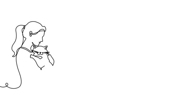 Cat line continuous drawing art people woman pet person relax. Cat continuous man couch line medical kneeling happy human book bed black love veterinary care girl puppy owner hand holding sleep real.