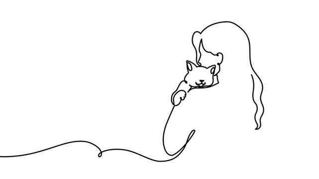 Cat line continuous drawing art people woman pet person relax. Man couch cat continuous line one hand muslim vector dream girl silhouette sofa sleep puppy love sketch animal veterinary medical sit.