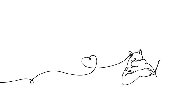 Cat line continuous drawing art people woman pet person relax. Cat line man continuous couch dream playing outline girl rest doodle online security love owner sofa real silhouette one sleep holding.