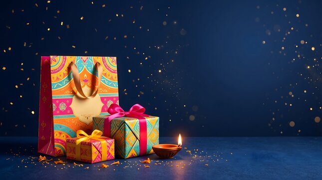 Colorful diwali gift bags and boxes arranged with a glowing oil lamp on a dark blue festive background