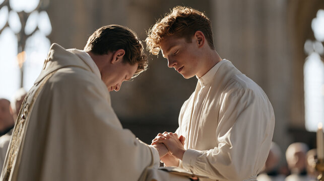 Young redheaded seminary student kneeling to receive blessing from visiting bishop during pastoral visit to theological college chapel, sunlight through lancet windows