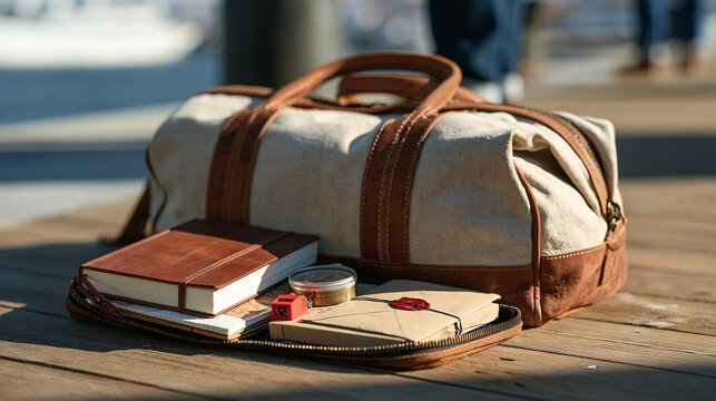 A sailor's sea bag unpacked on a wooden dock revealing a personal logbook, compass, emergency whistle, moleskin chart, and a sealed waterproof envelope, maritime career and ocean