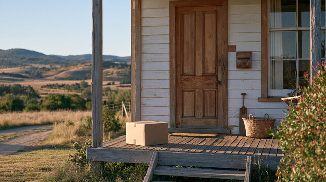 Parcel dropped at rustic farmhouse door in remote countryside, wooden porch weathered with age, dirt track visible winding through open fields, no neighbor in sight, isolated