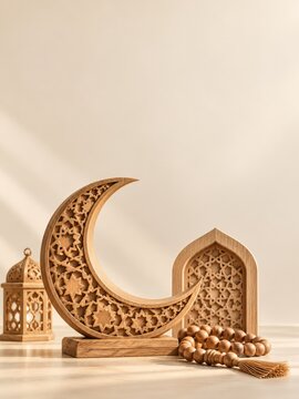 Carved wooden crescent and prayer beads with a lattice arch on ivory