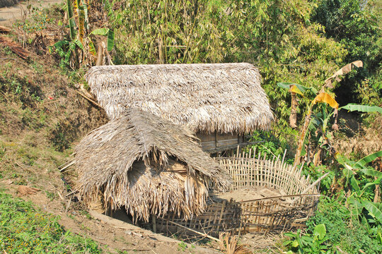 The traditional Shangyu  village of the Konyak tribe, inhabiting the state of Nagaland in eastern India.