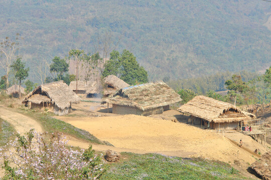 The traditional Shangyu  village of the Konyak tribe, inhabiting the state of Nagaland in eastern India.