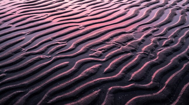Purple sand ripples at sunset, abstract beach texture illustration, wavy sand pattern with pink highlights, organic coastal ground background